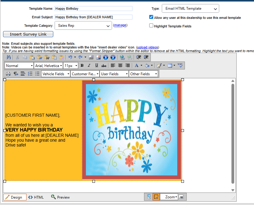 Before: default CRM email template